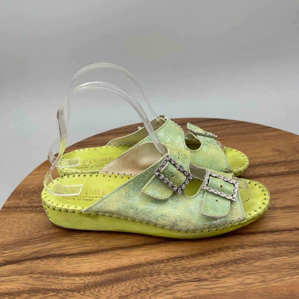 La Plume Jen Sandals Womens 6.5 / 37 Green Leather Wedge Casual Shoes Italy